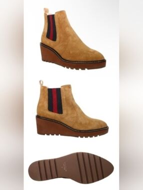 CECILIA NEW YORK Tan Leather GEMMA Platform Boots with Navy & Red Accents Size 9